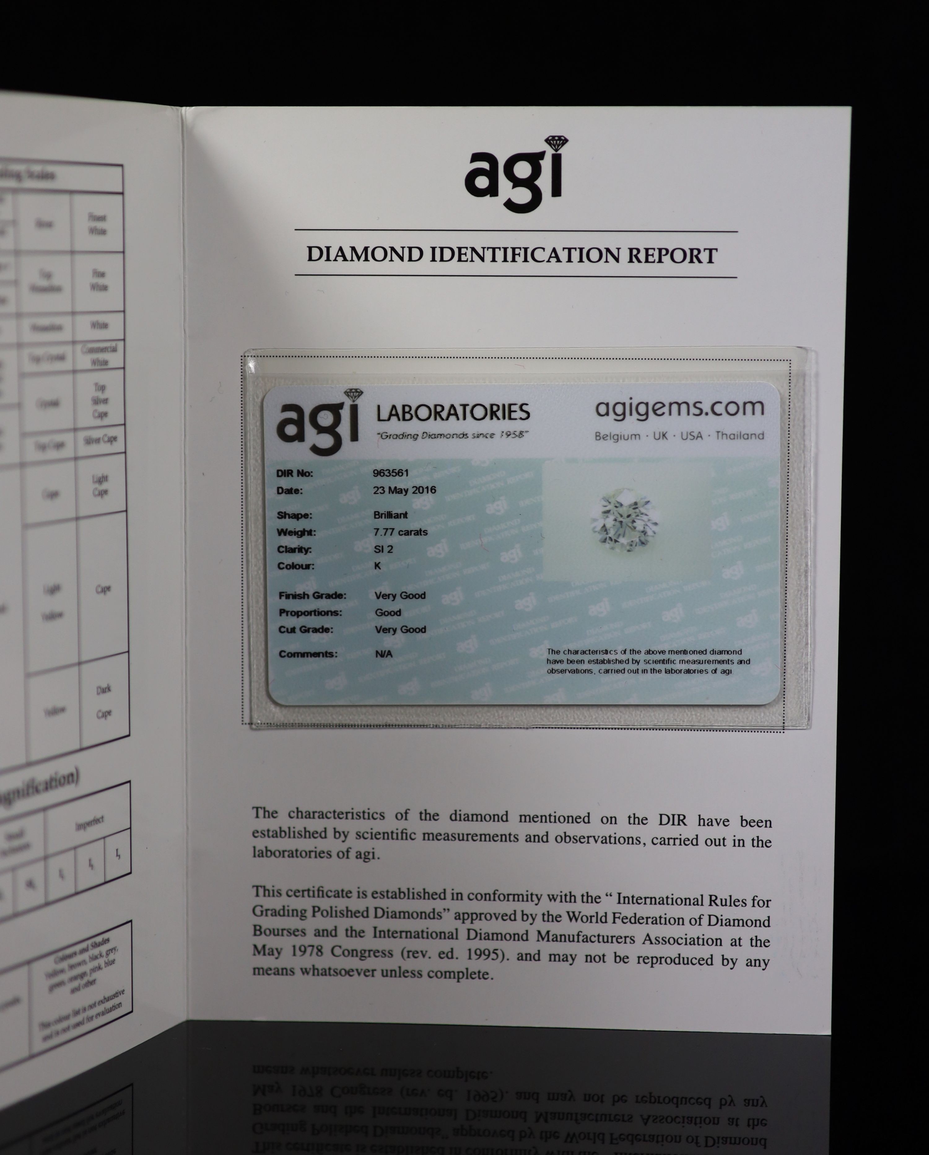 A modern platinum and single stone diamond ring, with diamond set shoulders, with AGI Laboratories report dated 23/5/2016, stating the round brilliant cut stone to weigh 7.77cts